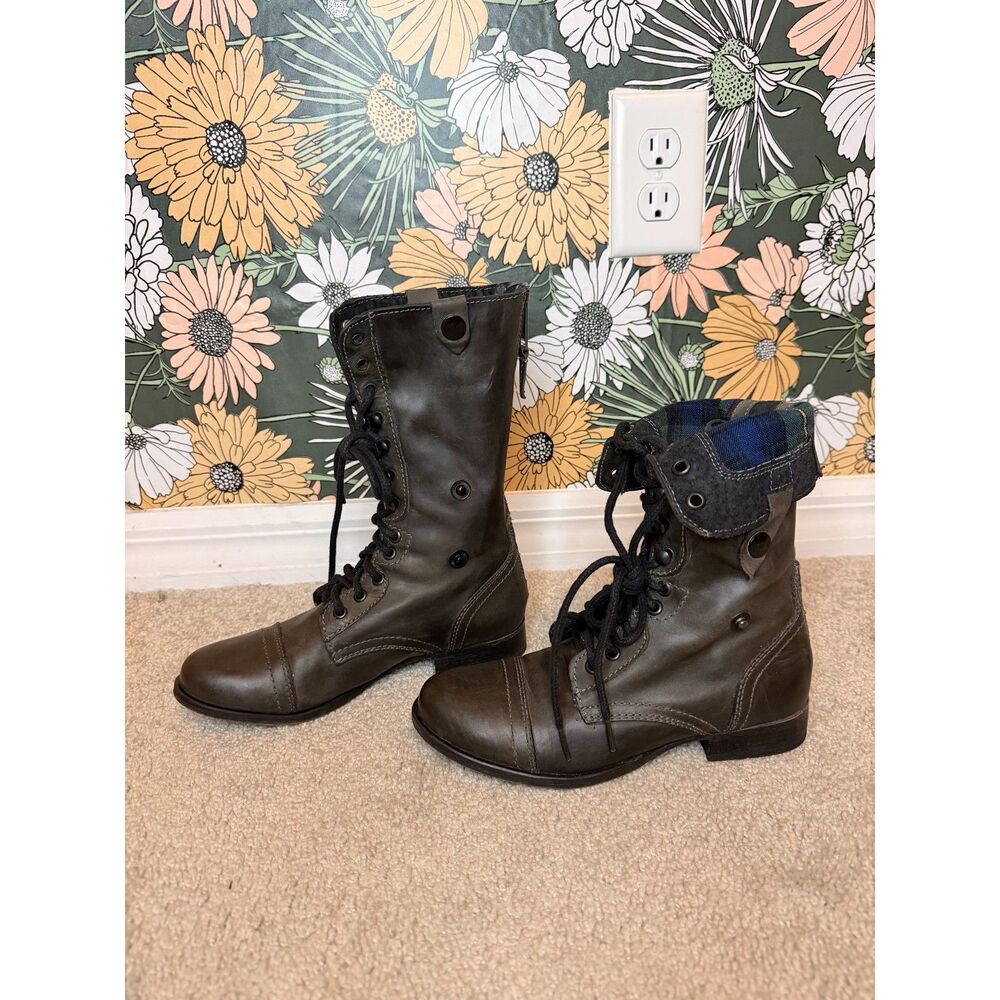 Steve Madden Chevie Convertible Combat Boots Charcoal Leather Plaid Size 6.5
